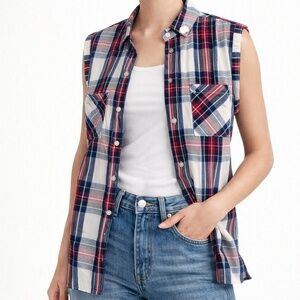 Levi’s Plaid Sleeveless Button Down Shirt Red Blue Cotton Size M